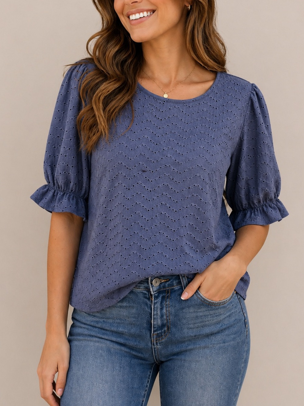 Loft Women's Eyelet Puff Sleeve Top Slate Blue Large